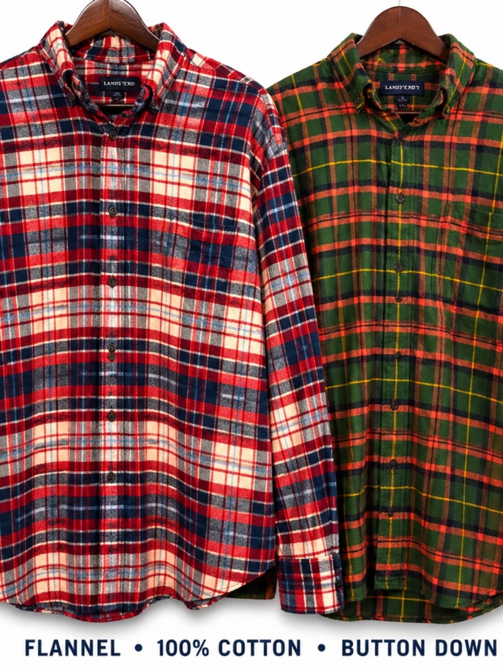 Lands’ End Men’s Flannel Shirt Lot 2 Large Plaid Cotton Button Down Classic Fit